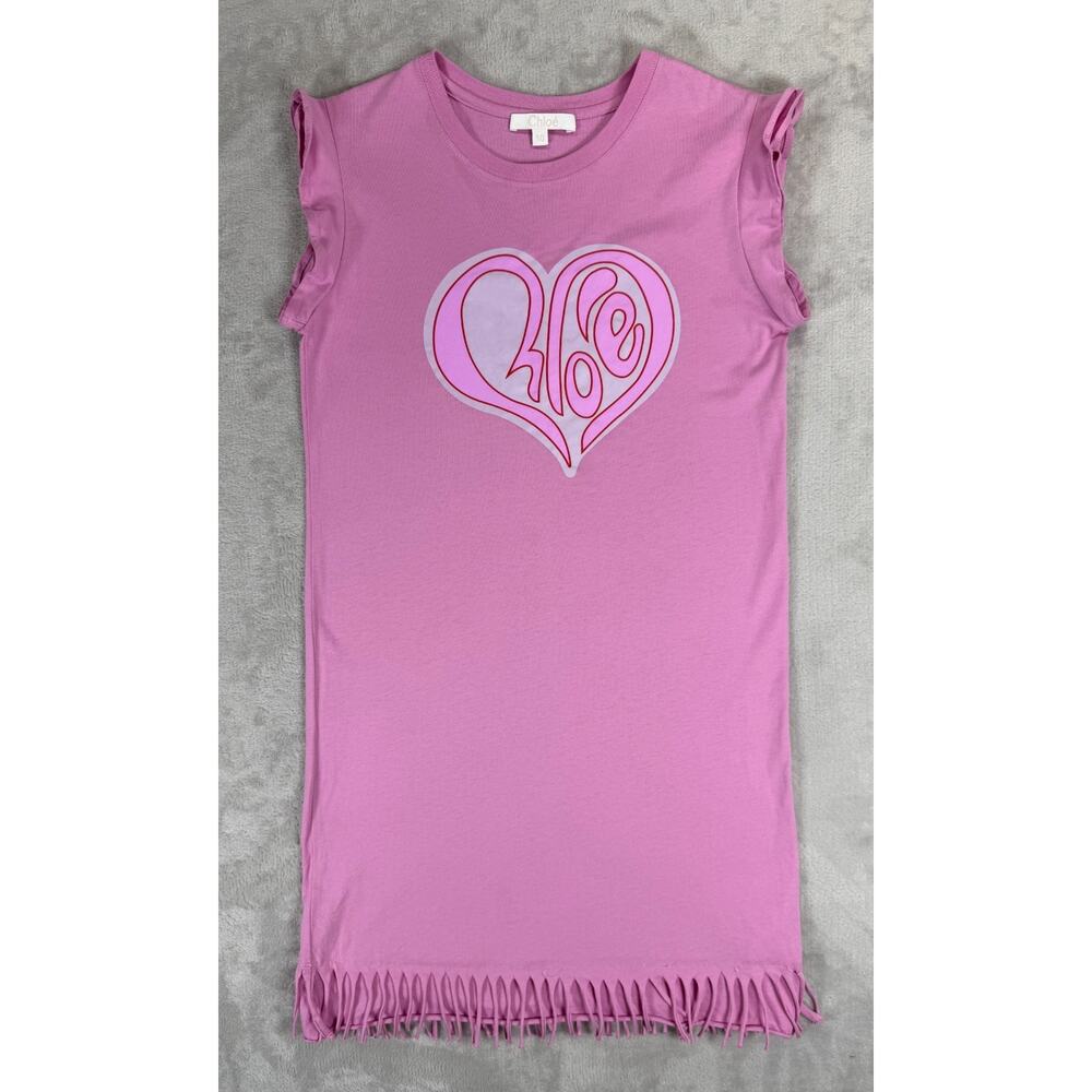 Chloe Girls Pink Logo Heart Fringe Hem Dress Size 10 Luxury Designer Cotton